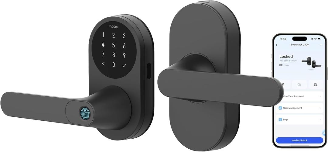 Aqara Smart Lock U300 Upgraded Version, Fingerprint Keyless Entry Door Lock with Handle, Matter Over Thread, Apple Home Keys, Touchscreen Keypad, Smart Lever Lock Supports Homekit Alexa Google, Black