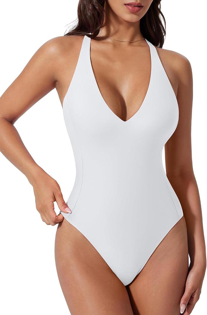 SUUKSESS Women Sexy Low Back One Piece Swimsuit Slimming Tummy Control Bathing Suit (White, M)