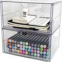 Clear Desk Organizers and Accessories, 2 Pack Plastic Drawer Organizer for Office Supplies, Marker Pen, Art Crafts, Stationery, Coffee Pods, Stackable Home Storage (2 Drawers)