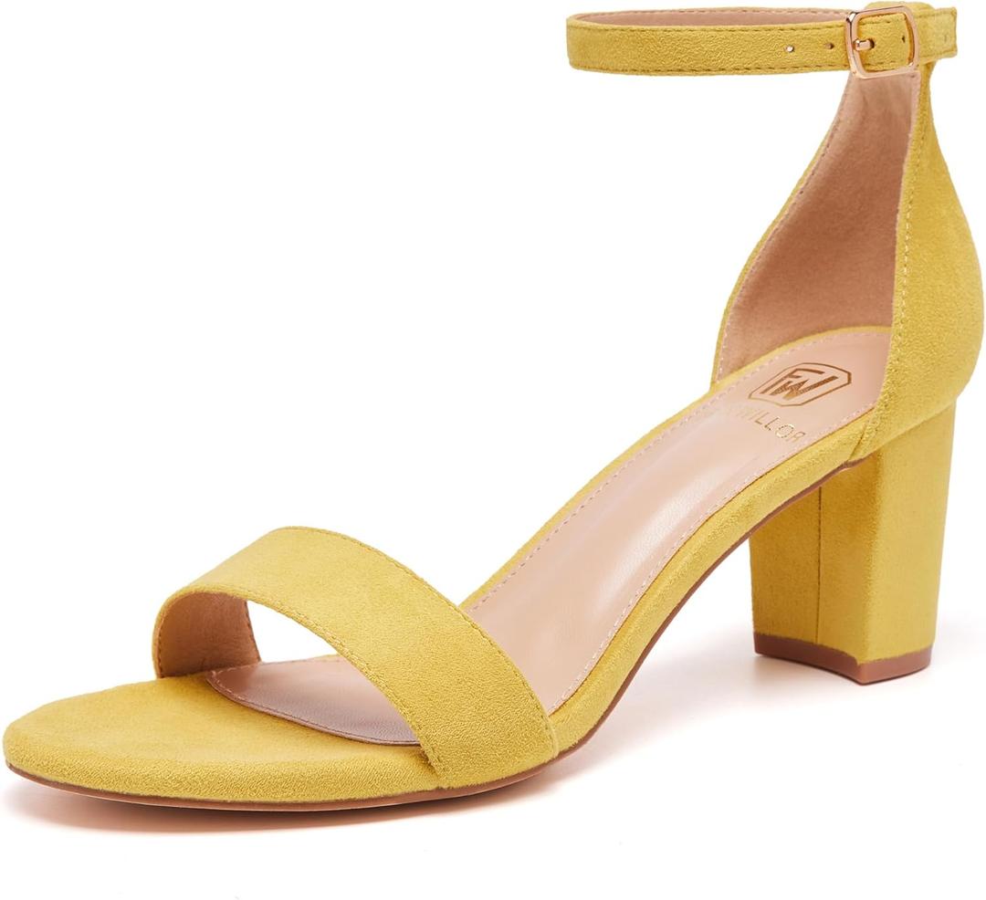 FW FRAN WILLOR Women Open Toe Low Chunky Short Heels Ankle Strap Block Heel Sandals Party Dress Wedding Pump Shoes (8)