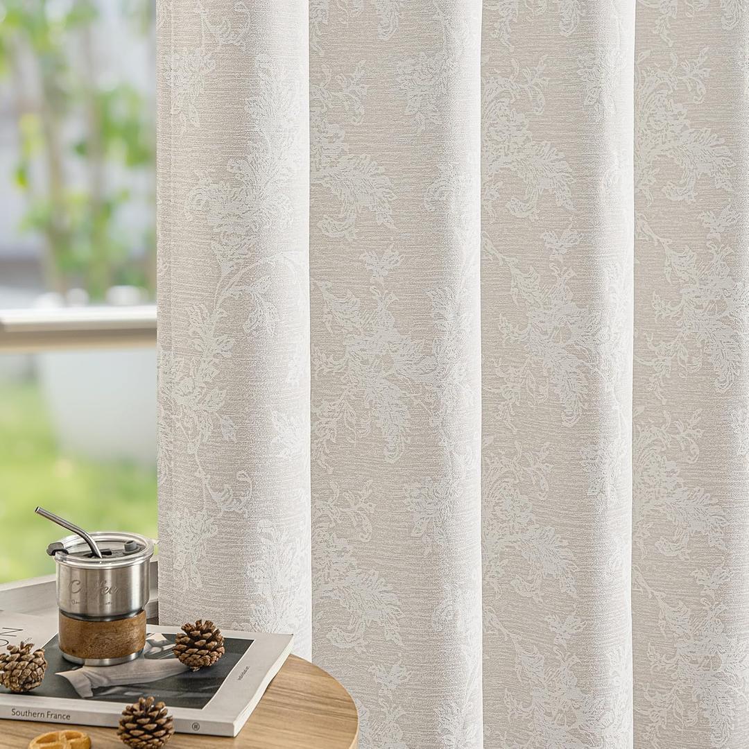 FMFUNCTEX Beige Floral Jacquard Blackout Curtains 84 Inches Long for Bedroom, Scroll Flower Chenille Farmhouse Curtains for Living Room Darkening Thermal Insulated Grommet Window Drapes 2 Panels