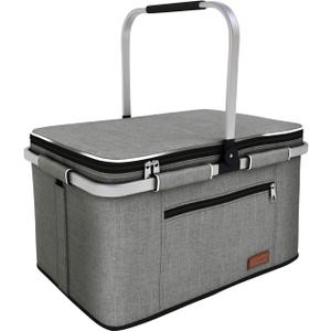 35L Large Picnic Basket 2 Layers of Internal Pockets Leak-Proof and Insulated Folding, Internal Support Does Not House Warming Gifts New Home, Wedding Gifts for Couple (Gray)