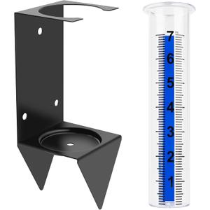 7 in Outdoor Rain Gauge, Removable Inch-Scale Tube, Black Iron 4-Way Mount Bracket, 3 Screws Included, for Fence, Rail, Post, Planter or Ground
