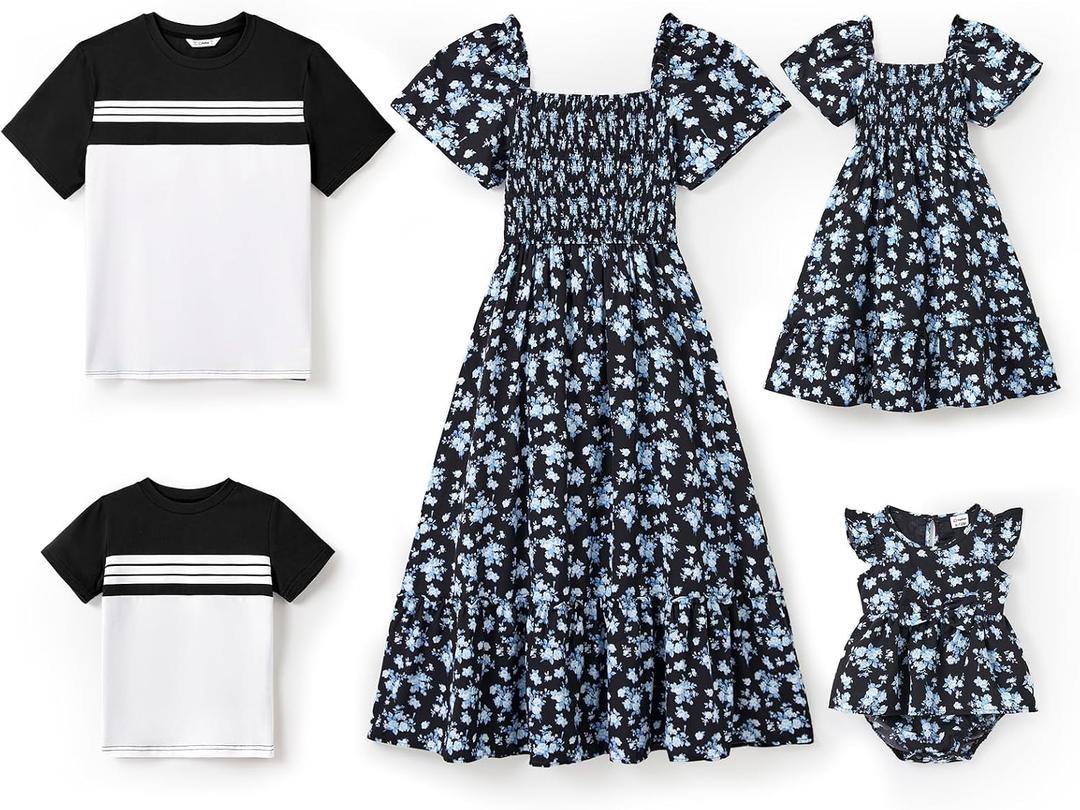 PATPAT Family Matching Outfits Mommy and Me Dresses Floral Dress & T-Shirts | Mommy and Me Easter Dresses, Puff Sleeve Floral Sundress, Cotton Blend T-shirts, Couples Party Wedding Vacation Outfits (White)