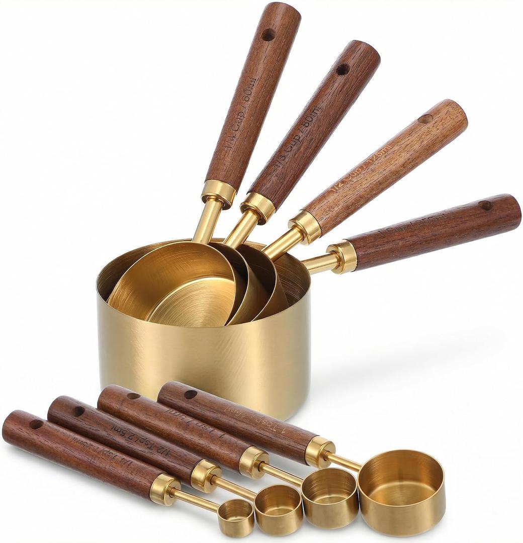 Kenaoeoe Gold Measuring Cups and Spoons Set 8 Piece Premium Stainless Steel Measuring Cups with Wood Handles Stackable Kitchen Measuring Set for Baking and Cooking
