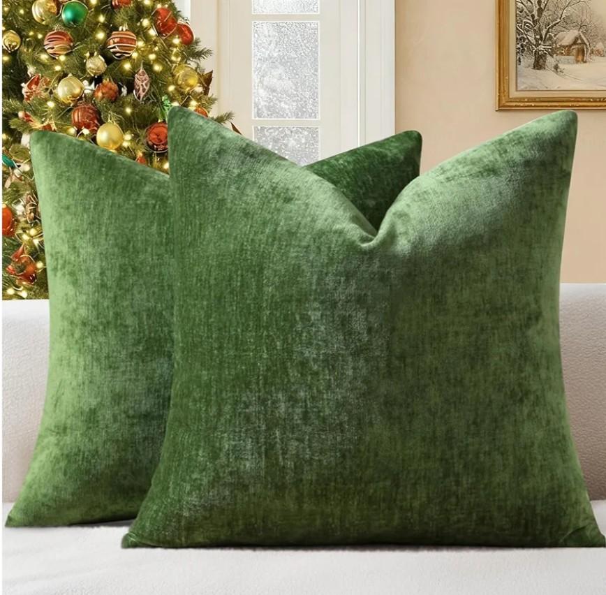 decorUhome Chenille Moss Green Christmas Throw Pillow Covers 18x18 Inch Set of 2, Decorative Soft Couch Pillow Covers Solid Dyed Accent Farmhouse Neutral Square Pillow Cases for Sofa