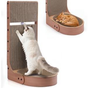 Cat Scratcher, 2 in 1 Multifunctional 26.8 Inch L Shape Cat Scratch Pad Wall Mounted with Oval Cat Scratcher Bed Bowl and Built-in Toy Balls