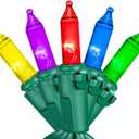 Novelty Lights RetroGlo LED Mini Lights, 100 Multicolor Bulbs on Green Wire, 50ft with 6" Spacing, Incandescent Look with Modern Efficiency, 2700K Warm White Core, Interchangeable Bulbs