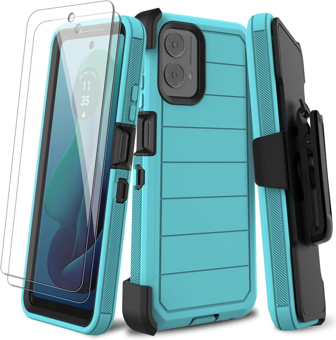 Motorola Moto G 5G 2024 Case with Screen Protector, Belt Clip Holster Kickstand Rugged Full-Body Heavy Duty Protection Military Grade Shockproof Cell Phone Case (Blue Green/Black)