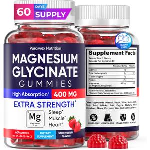 Magnesium Glycinate Gummies 400mg Extra Strength, Strawberry Flavor (60 Count) - Sugar-Free Supplement for Adults, Kids, Women & Men, Muscle & Relaxation, High Absorption Vegan Chewable, BBD 04/2028