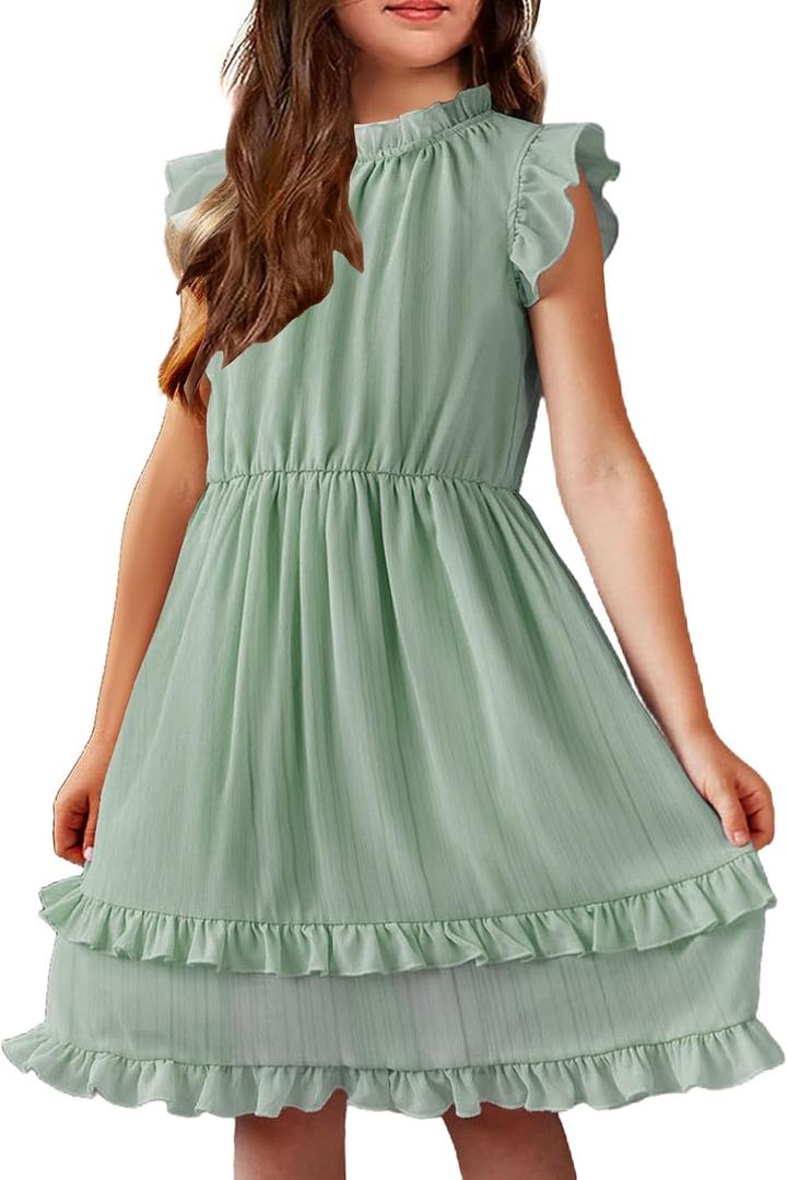 Arshiner Girls Summer Dresses Ruffle Sleeve A-Line Sundress Casual Elegant Dresses (11-12 Years, Light Green)