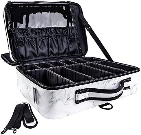 gzcz PU Leather Travel Makeup Case 16.2" Large Cosmetic Bag Organizer Professional Train Case with Adjustable Dividers and Shoulder Strap for Brushes Toiletry Jewelry Digital Accessories