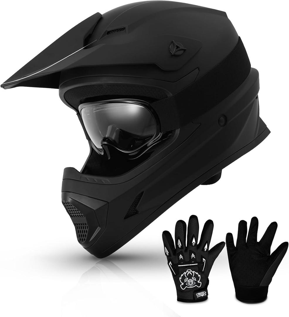 TCMT Youth Kids Dirt Bike Helmet DOT Approved Full Face Motocross Gear 4-In-1 Set Includes Goggles, Gloves and Carry Bag, Adjustable Visor, Washable Liner, Lightweight, For ATV,UTV, Youth Large,Pattern: Mystery Black