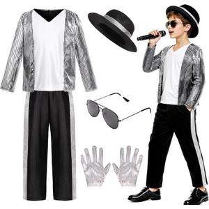 Kids Dance Star Costume Boys 80s Dance Costume 90s Pop Stage Outfits with Glasses Hat Gloves Halloween Cosplay Party (4-5 Years)
