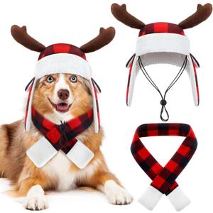 Coume Christmas Antler Check Dog Hat and Scarf Set Winter Red and Black Buffalo Plaid Pets Hats with Earmuffs Adjustable Xmas Festive Party Pet Dress up Costume Accessories(L)