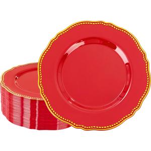 Hioasis 60pcs Red Plastic Plates - Red and Gold Disposable Dinnerware with Gold Rim, Heavy-duty, 10.25 inch, Dinner Plates for Party & Wedding