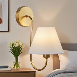 Vintage White Linen Shade Single Wall Sconce, Retro Swoop Wall Lamp with Metal Antique Brass Pole, Gooseneck Light Fixture Design for Elegant Home Lighting, Bedroom (Brass)