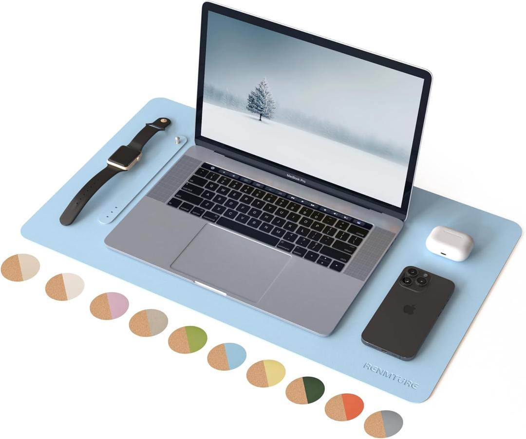 RENMTURE Dual-Sided Large Desk Pad, Faux Leather Natural Cork Mouse pad, Desk Accessories Protector, for Office and Home Work (Light Blue, 23.6" x 13.7")
