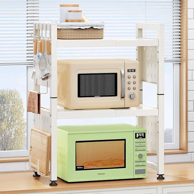 Expandable Microwave Stand, Heavy Duty 3-Tier Adjustable Microwave Oven Rack with 8 Hooks & 2 Holders, Space-saving Kitchen Counter Shelf for kitchen organizers and storage, 200lbs Capacity, White