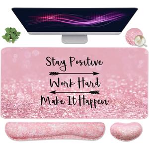 Large Mouse Pad and Keyboard Wrist Rest, Desk Pad for Keyboard and Mouse, 4-in-1 Large Gaming Mouse Pad with Wrist Support, Desk Mat for Home Office Study Game-Pink Stay Positive