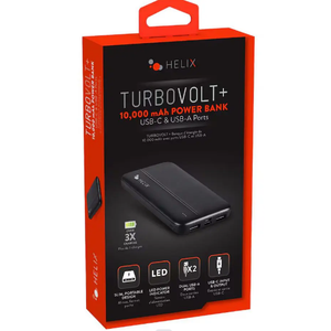 Helix TurboVolt+ 10000 mAh Power Bank - USB-A and USB-C Ports - Black