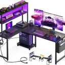 AODK L Shaped Desk Gaming Desk with LED Light & Power Outlet, 53 Inch Reversible L Shaped Computer Table with Shelf & Storage Bag & Hook for Home Office, Black