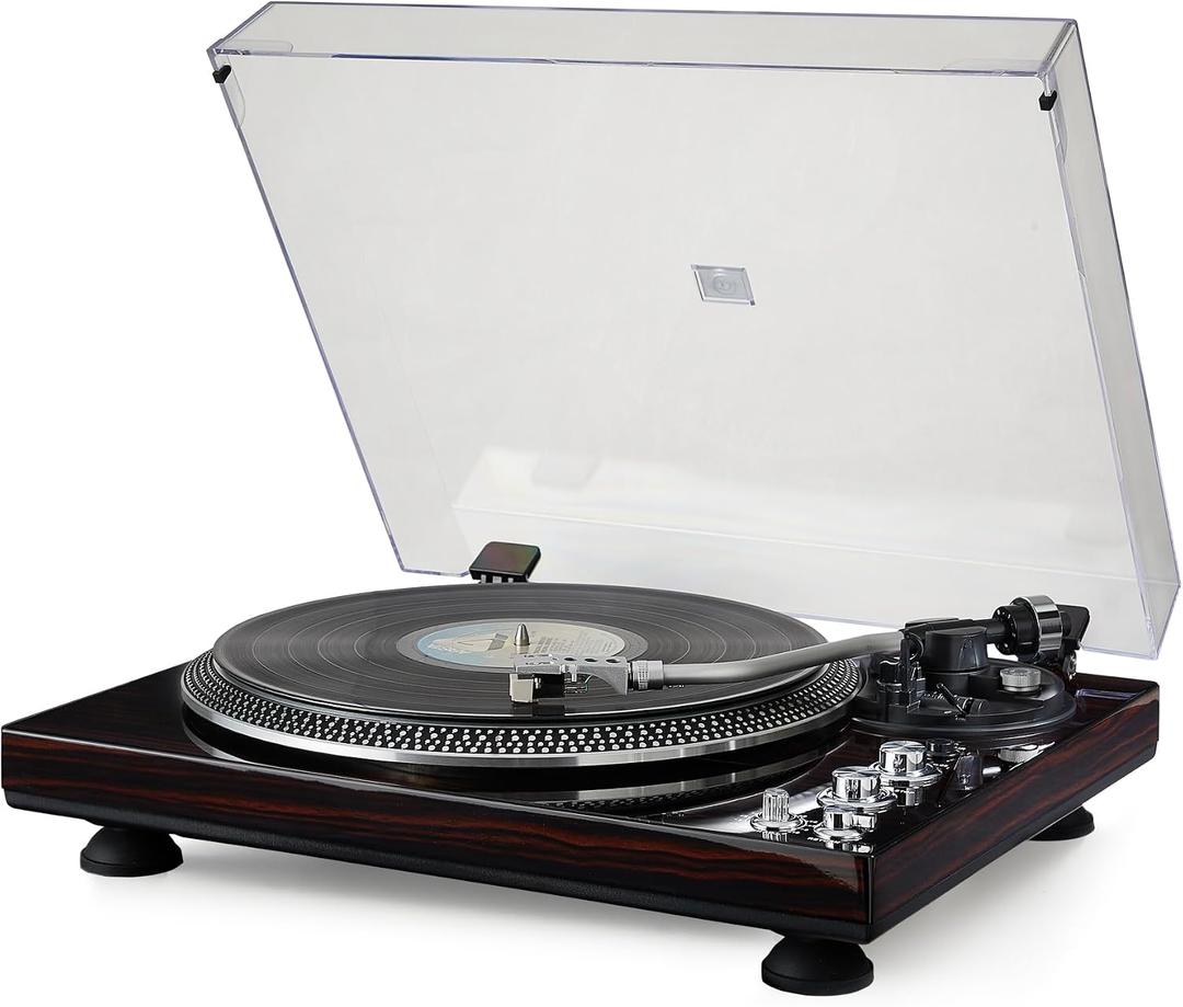 High-Fidelity Vinyl Record Player, Bluetooth Turntable with Magnetic Cartridge, 2-Speed Belt Drive Wood Vintage Player with Auto-Return, Adjustable Counterweight, Pitch Control & Preamp