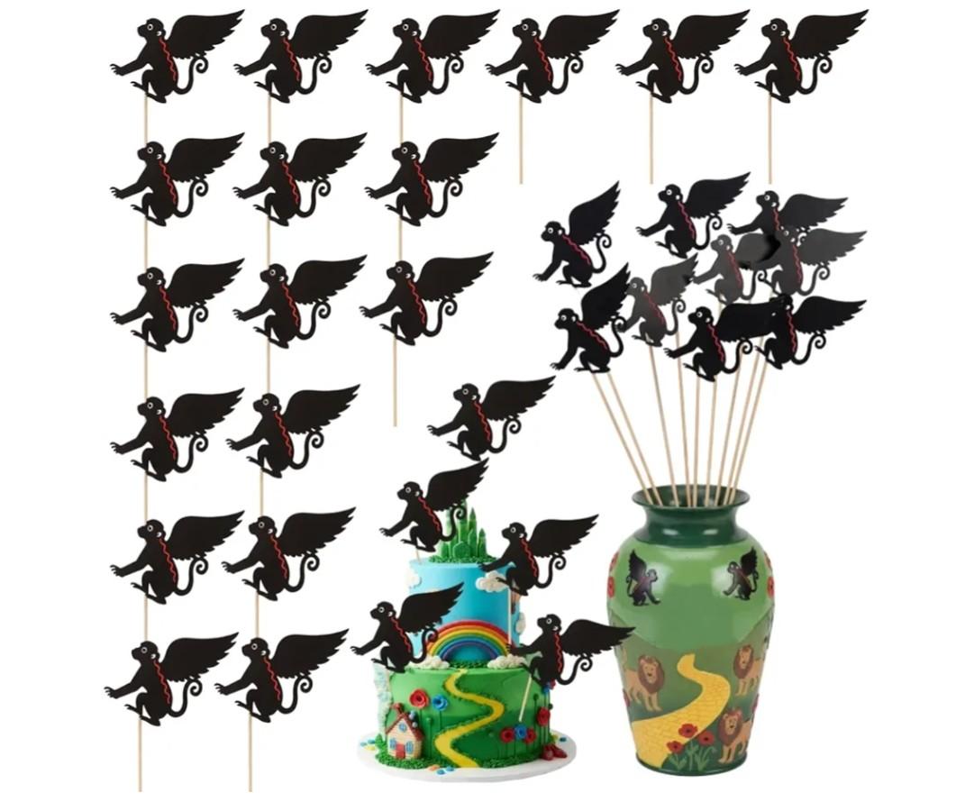 24 Pcs Black Monkey with Wings Cake Topper for Birthday Party Decorations Magic Theme Favor Supplies