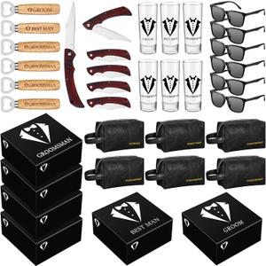 Yungyan 36 Pieces Groomsmen Gifts Set of 6, Groomsmen Proposal Box with Shot Glasses Sunglasses PU Leather Toiletry Bag Wood Folding Knife Bottle Opener Wedding Gift(Black)