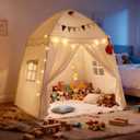 Large Kids Play Tent Indoor with Padded Mat Lights - 59x39x59in Teepee Playhouse with Flags Storage Bag - Cozy Reading Nook Nap Bed Tent - Birthday Gift for Toddlers Boys Girls (Cream)