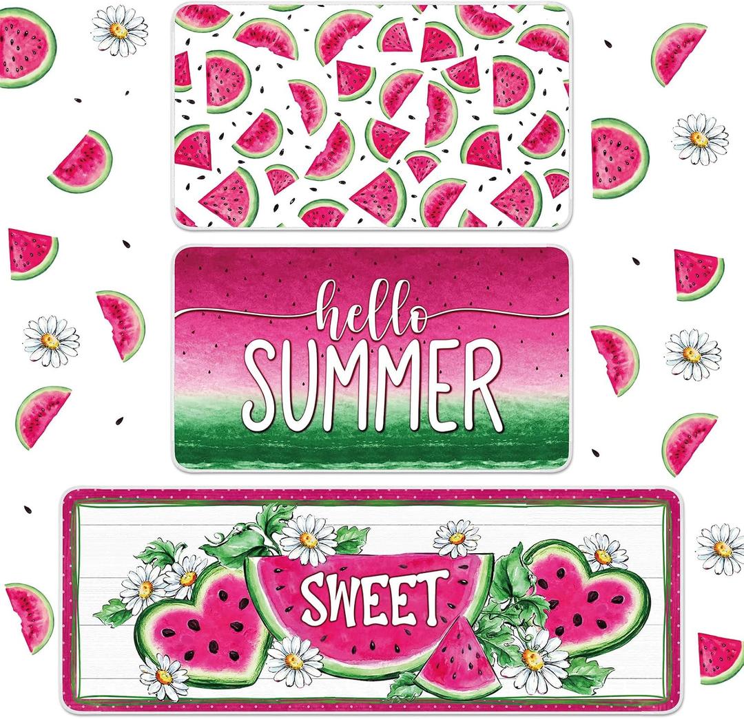 Dunzy 3 Piece Hello Summer Watermelon Kitchen Mat Rugs, Soft Absorbent Summer Themed Floor Mats, Decorative Non-Slip Soft Standing Doormat for Home Kitchen Decor