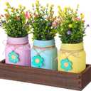 Domensi Easter Spring Table Decoration Set Rustic Wood Tray with Artificial Colorful Flower Greenery Fake Plants Mason Jar Wooden Tag for Easter Spring Dining Table Centerpiece Supplies