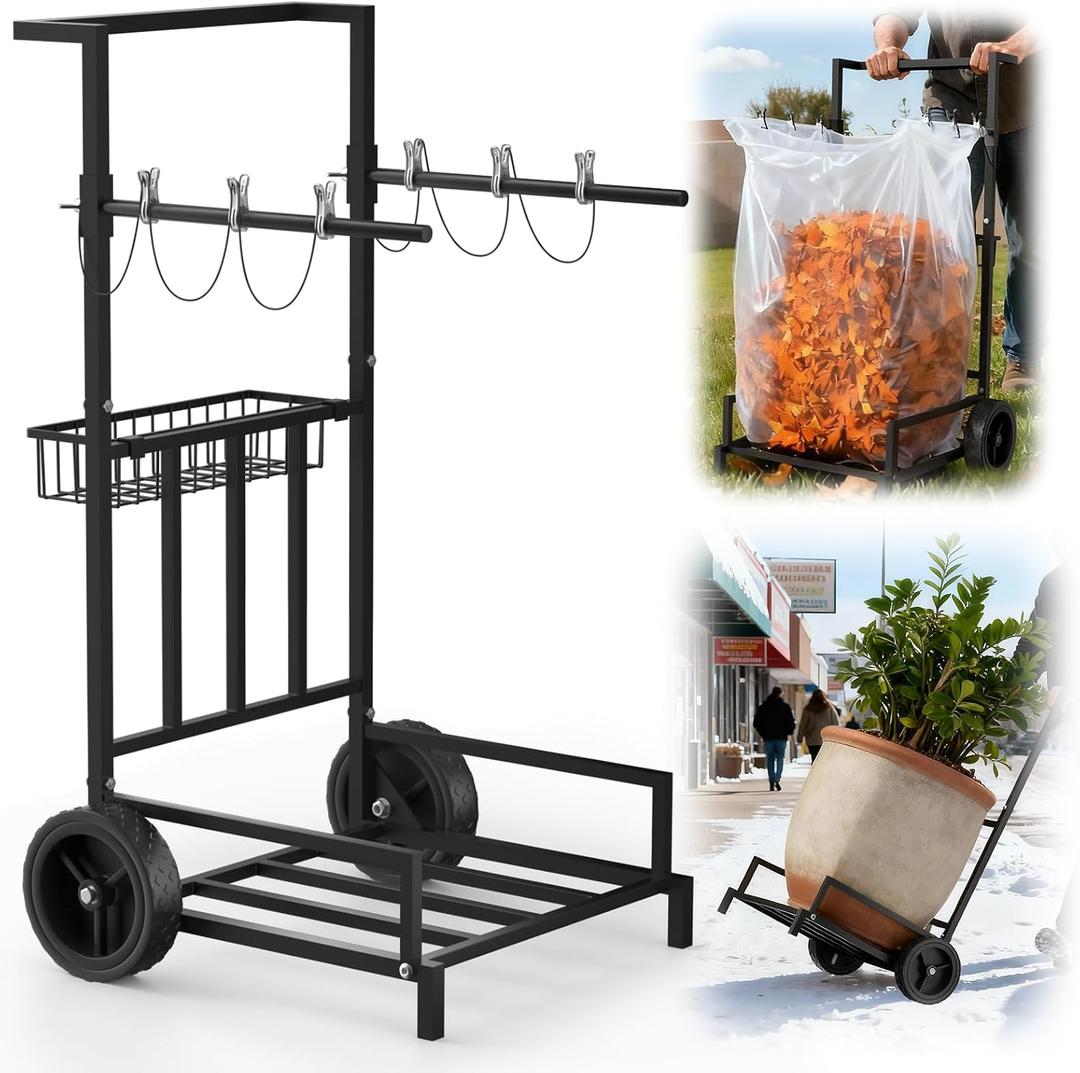 2-in-1 Leaf Bag Holder Cart & Hand Truck Dolly, Heavy Duty Garden Trash Bag Stand with 7" All-Terrain Wheels, 200lbs Capacity, Anti-Loss Clips & Utility Basket for Yard Work, Moving, Camping