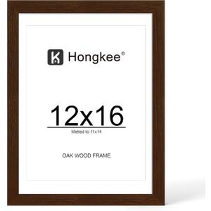 Hongkee 12x16 Oak Wood Picture Frame, Display Photos 11 x 14 with Mat or 12 x 16 without Mat - Tempered Glass Cover, Horizontal and Vertical Display for Wall Mounting (Walnut, Set of 1)