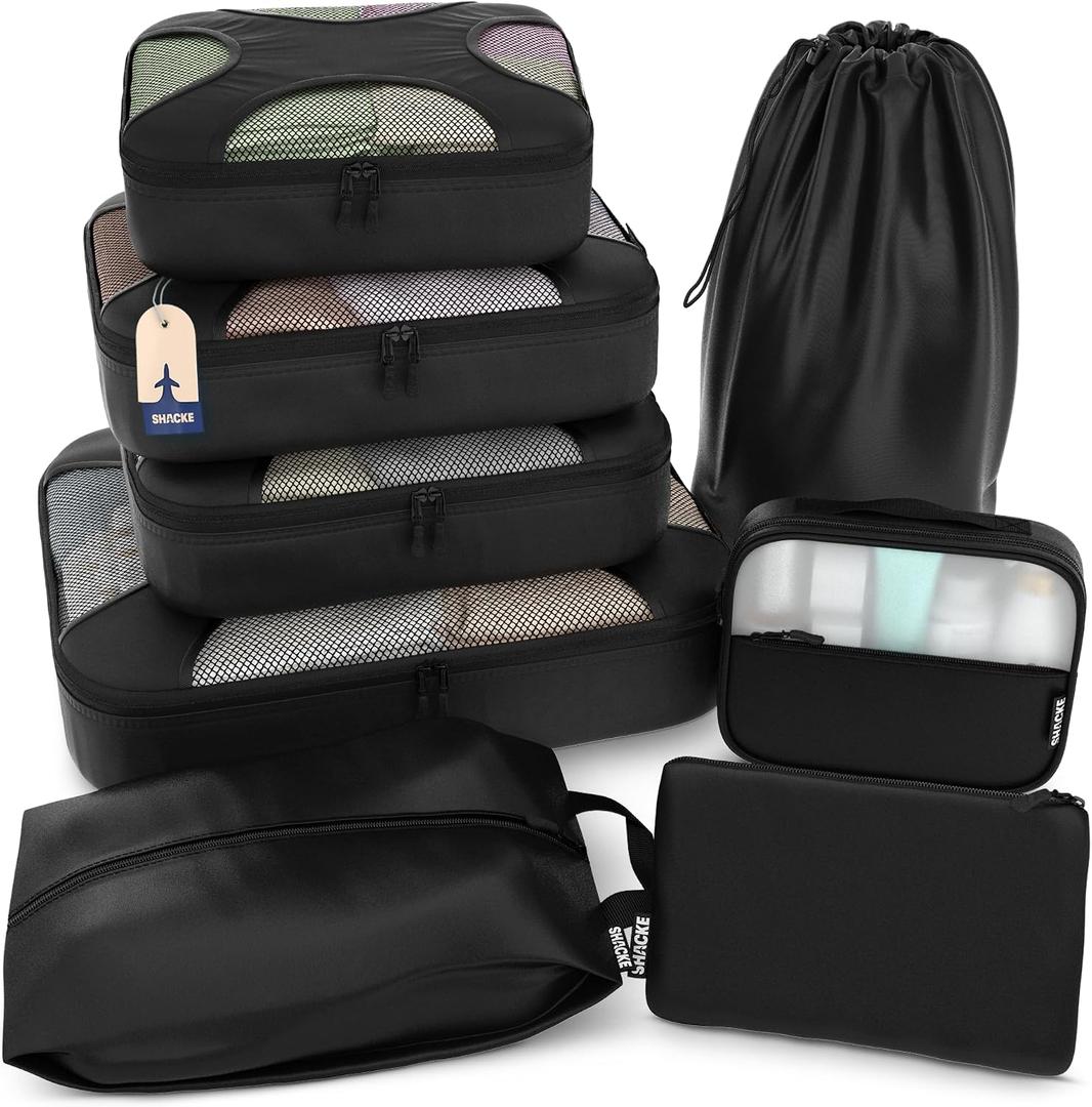 Shacke Packing Cubes for Travel 8 Set - Premium Luggage Organizer Bags - Versatile Travel Organizer for Women and Men - Optimized Packing Bags - Travel Essentials (Black), Set of 8