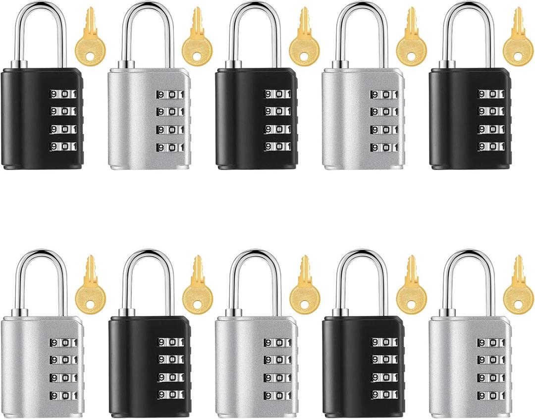 Kenning 10 Pcs Combination Padlock 4 Digit Combination Lock with Keys Locker Resetable Security Outdoor Waterproof Gate Lock for School Sports Gym Locker Employee Fence Case (Silver and Black)
