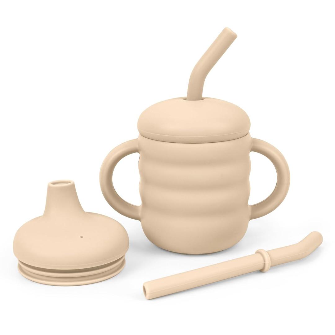 Vaanshie Silicone Baby Sippy Cups | Straw Cup Baby | Toddler Cup with Straw | 3 Stages Training Cup for Infants Toddlers and Kid, 5.4 oz (Beige)