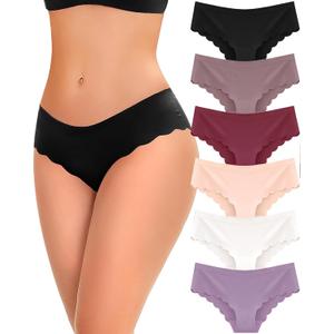 FINETOO 6 pack Seamless Underwear for Women Sexy Low Rise Hipster Wave Edge No Show Bikini Panties Womens Cheeky (Large, Set1-6pack)
