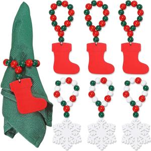 KPOSIYA Christmas Napkin Rings Set of 6, Snowflake Socks Napkin Rings for Table Decor, Wooden Napkin Holder Buckle for Christmas,Winter Holiday, Home Party, Wedding Supplies