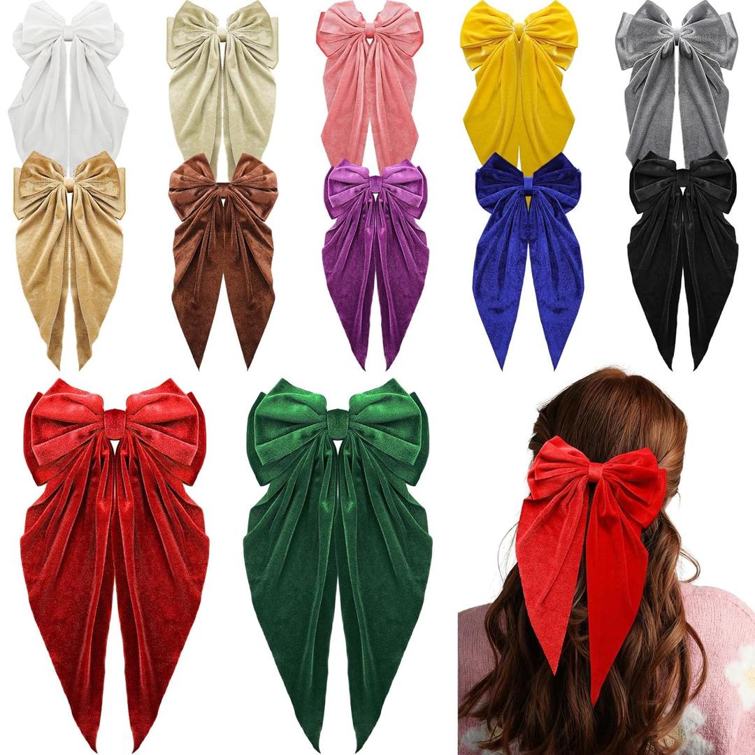 Mimorou 12 Pcs Hair Bows for Women Bulk Velvet Large Hair Ribbons Vintage French Bow Barrette Clips with Long Tail Bowknot Barrette Clip Ponytail Holder for Fall Winter Christmas Gifts