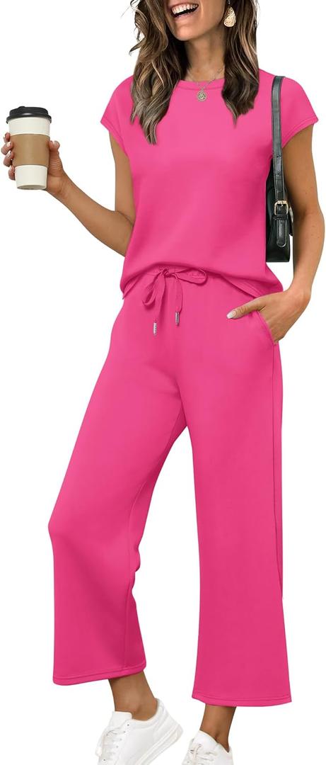 SAMPEEL Two Piece Sets for Women Summer Vacation Outfits Cap Sleeve Tops Lounge Matching Sets Clothing Beach Fashion Clothes (X-Large, Hot Pink)