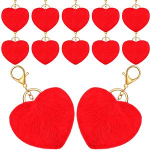 Hicarer 12 Pieces Valentine's Day Heart Shaped Pom Poms Keychains Fluffy Heart Cute Keyrings for Valentine Party Favor Gifts (Red)