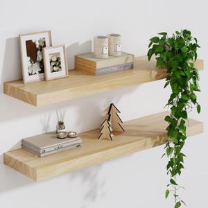 Solid Wood Floating Shelves For Wall, 24”W x 9”D x 1.56”H Large Wall Shelves for Living Room Bedroom Bathroom Kitchen Drcor Storage with Invisible Heavy-Duty Metal Bracket, Natural, Set of 2