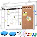 Calendar Whiteboard for Wall, 24" x 18" Double Sided Monthly Dry Erase Board Calendar for Office, Home, School, Hanging Cork Board White Board Combo, Portable Magnetic Dry Erase Planner Board