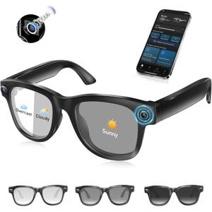 AI Smart Glasses with 4K Camera & Audio | Bluetooth Video Recording Sunglasses with ChatGPT Translation, Voice Control, EIS Stabilization, Object Recognition, Smart Glasses for Men & Women (Black-Q6)
