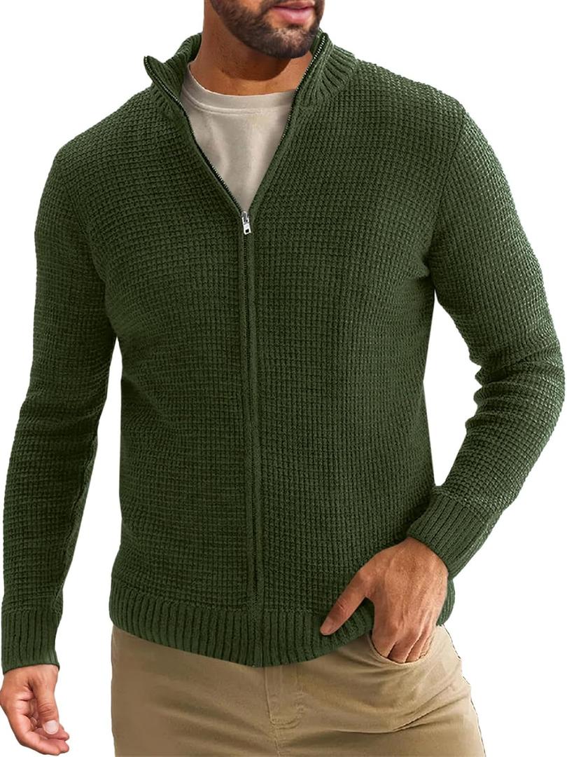 Runcati Mens Full Zip Cardigan Sweater Casual Waffle Stand Collar Knitted Winter Chunky Sweaters (X-Large, Army Green)