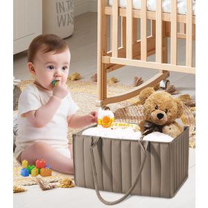 SWEET DOLPHIN Quilted Diaper Caddy Organizer – Premium Puffer Style Nursery Storage Bins – Water-Resistant & Wipeable Changing Table Organizer – Trendy Tote for Home & Car Travel - Mocha Brown