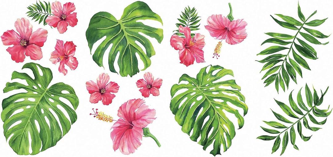 RoomMates RMK3904SCS Tropical Hibiscus Flower Peel and Stick Wall Decals, Pink, Green, Orange
