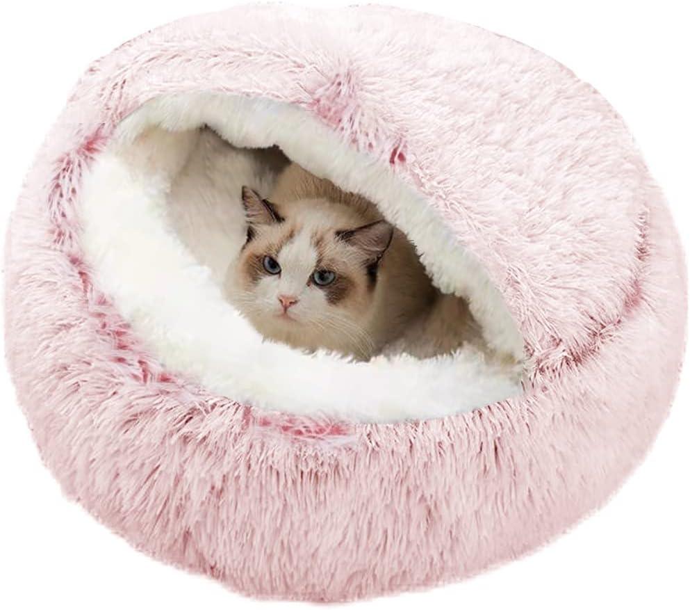 Anti-Anxiety Cat Bed, Plush Hooded Cave, 20 in Diameter, Suitable for Small to Medium Pets, Pink