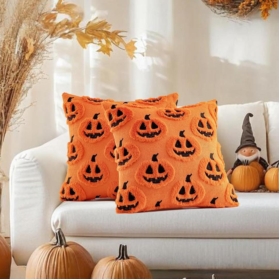 Fall Throw Pillow Covers 18x18 Set of 2 Halloween Spooky Pumpkin Pattern Soft Plush Faux Couch Cushion Covers for Home Patio Porch Sofa Chair Thanksgiving Holiday Autumn Farmhouse Decorations